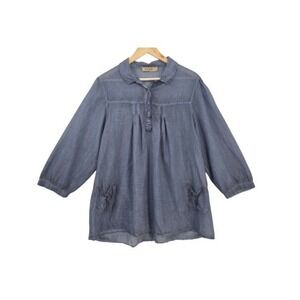 Saga L Blue Cotton Silk Blend 3/4 Sleeve Pleated Sheer Lagenlook Tunic Blouse